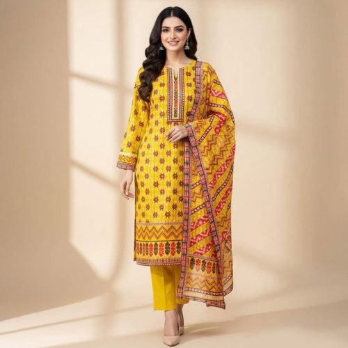 Sunflower Print Stitched Lawn Suit