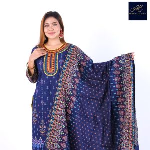 Deep Navy Ethnic Folk Print Three-Piece